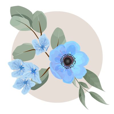 Blaue Blüten mit grünen Blättern auf hellem Hintergrund