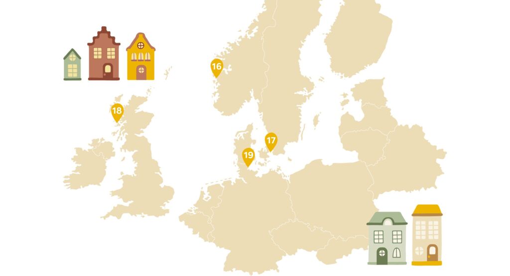 Europakarte mit Stecknadeln an den Orten Bergen in Norwegen, Kopenhagen in Dänemark, Isle of Mull bei Schottland und Kappeln in Deutschland.