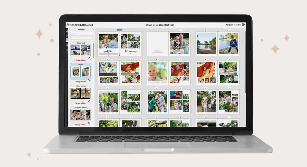 Laptop zeigt den CEWE FOTOBUCH Assistenten mit verschiedenen Fotobuch-Designs und Foto-Collagen zur Auswahl