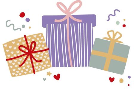  Drei bunt gestaltete Geschenkpäckchen mit Schleifen 