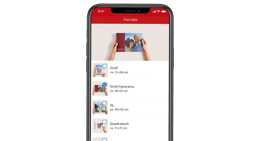 Übersicht der CEWE FOTOBUCH Formate auf dem Smartphone