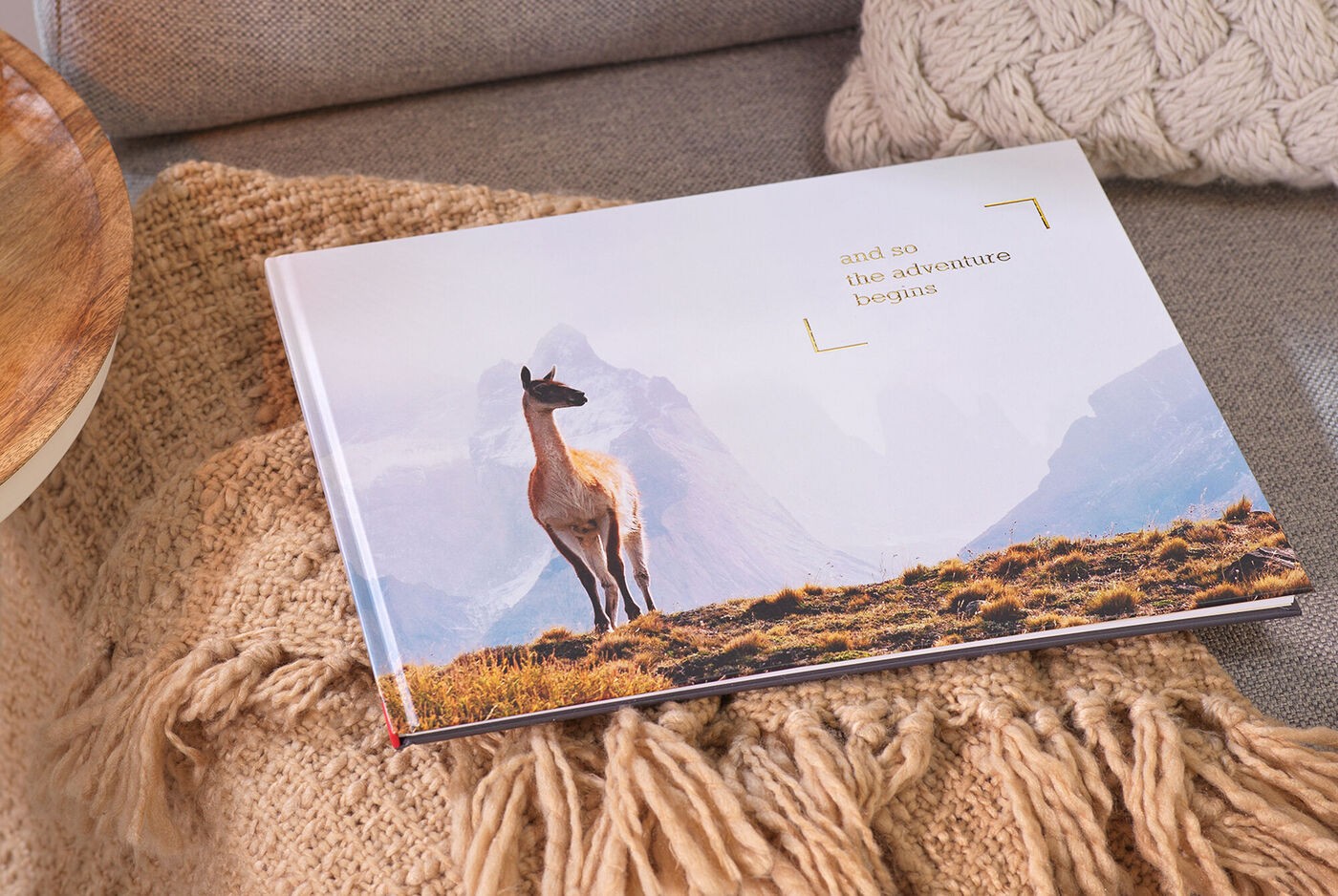 Ein CEWE Fotobuch mit einem Bild eines Berges und einer Gazelle auf einer Wiese.