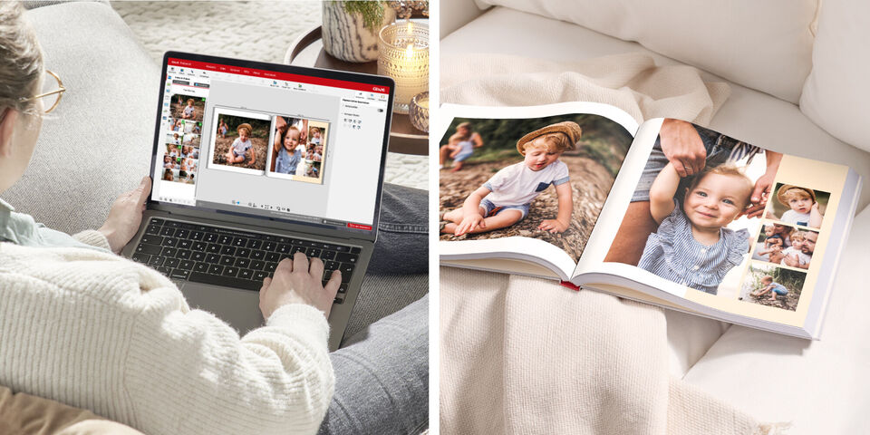 Eine Person gestaltet ein Fotobuch mit Lieblingsfotos am Laptop, daneben liegt das fertige Fotobuch.