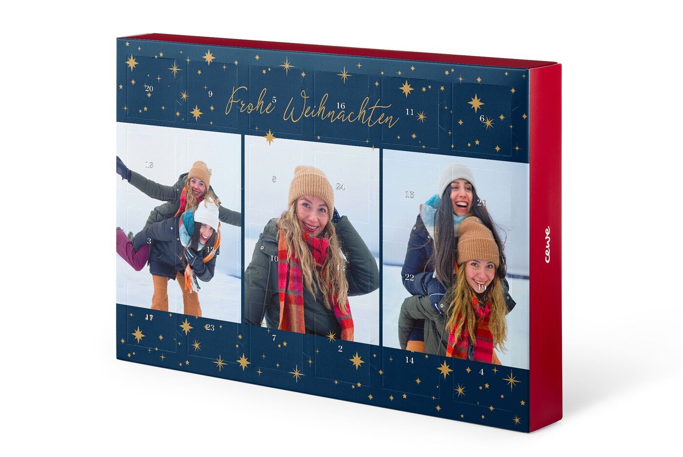Personalisierter Adventskalender von CEWE mit winterlichen Bildern, dunkelblauem Design und dem Schriftzug 'Frohe Weihnachten'