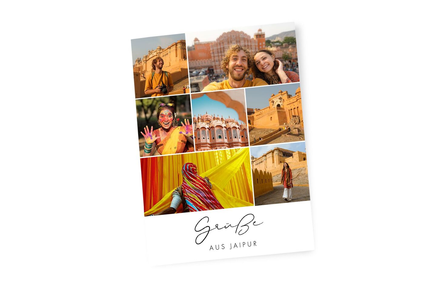 Bunte Collage aus Jaipur mit historischen Gebäuden, Menschen in traditionellen Gewändern und festlichen Aktivitäten.