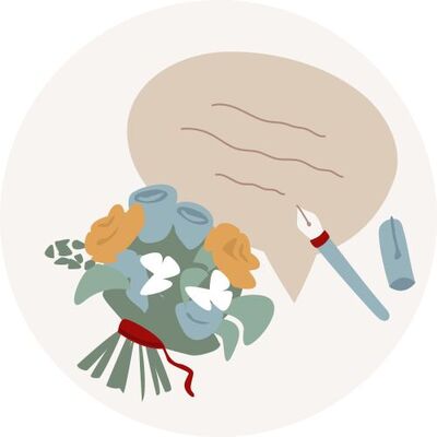 Ein wunderschöner Blumenstrauß mit einer Farbpalette aus Blau, Gelb und Weiß, daneben ein Stift und ein Textfeld.
