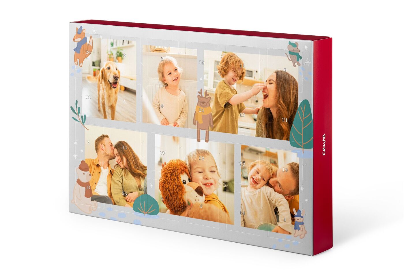 Personalisierter Adventskalender von CEWE mit fröhlichen Familienmotiven, Haustier und kindlichem Design mit bunten Illustrationen