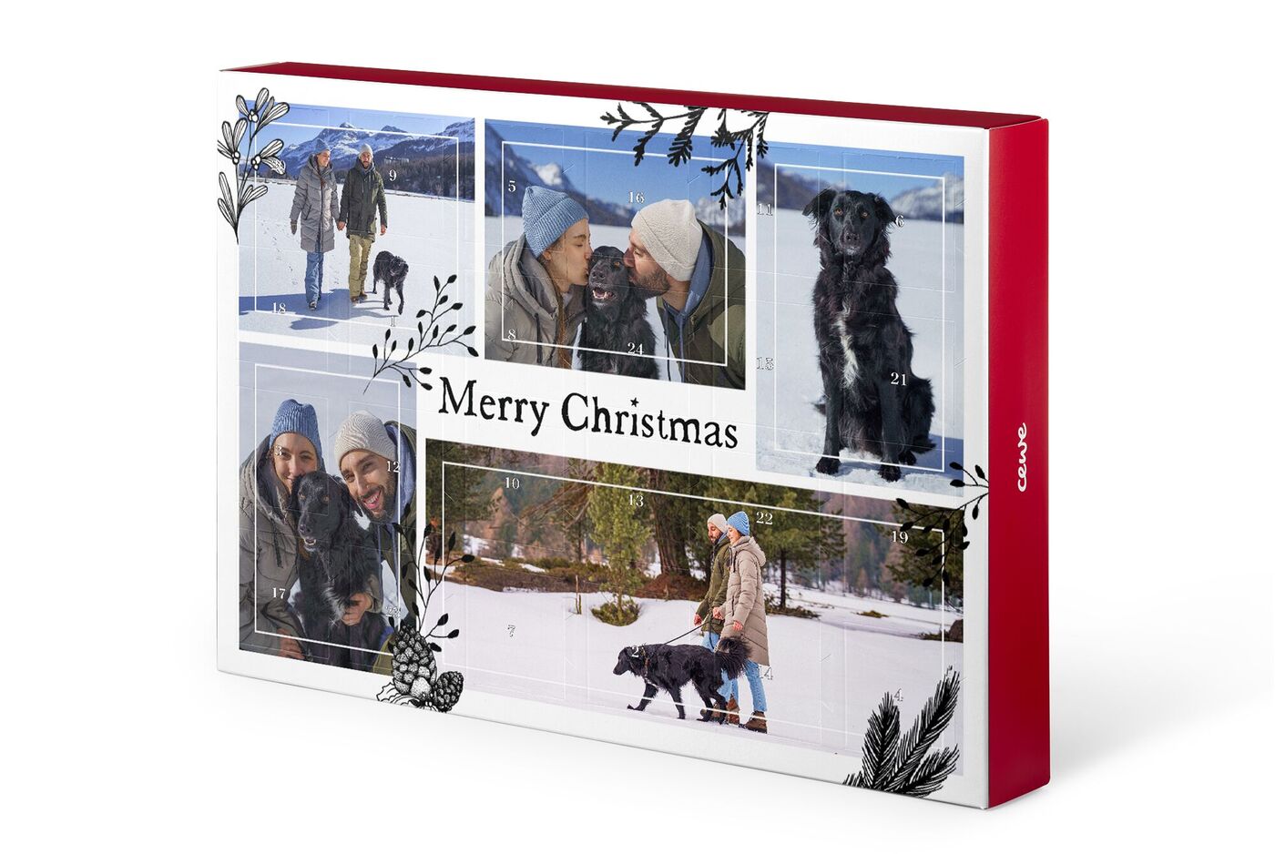 Fotobuch mit Weihnachtsmotiven und einem Hund im Schnee.