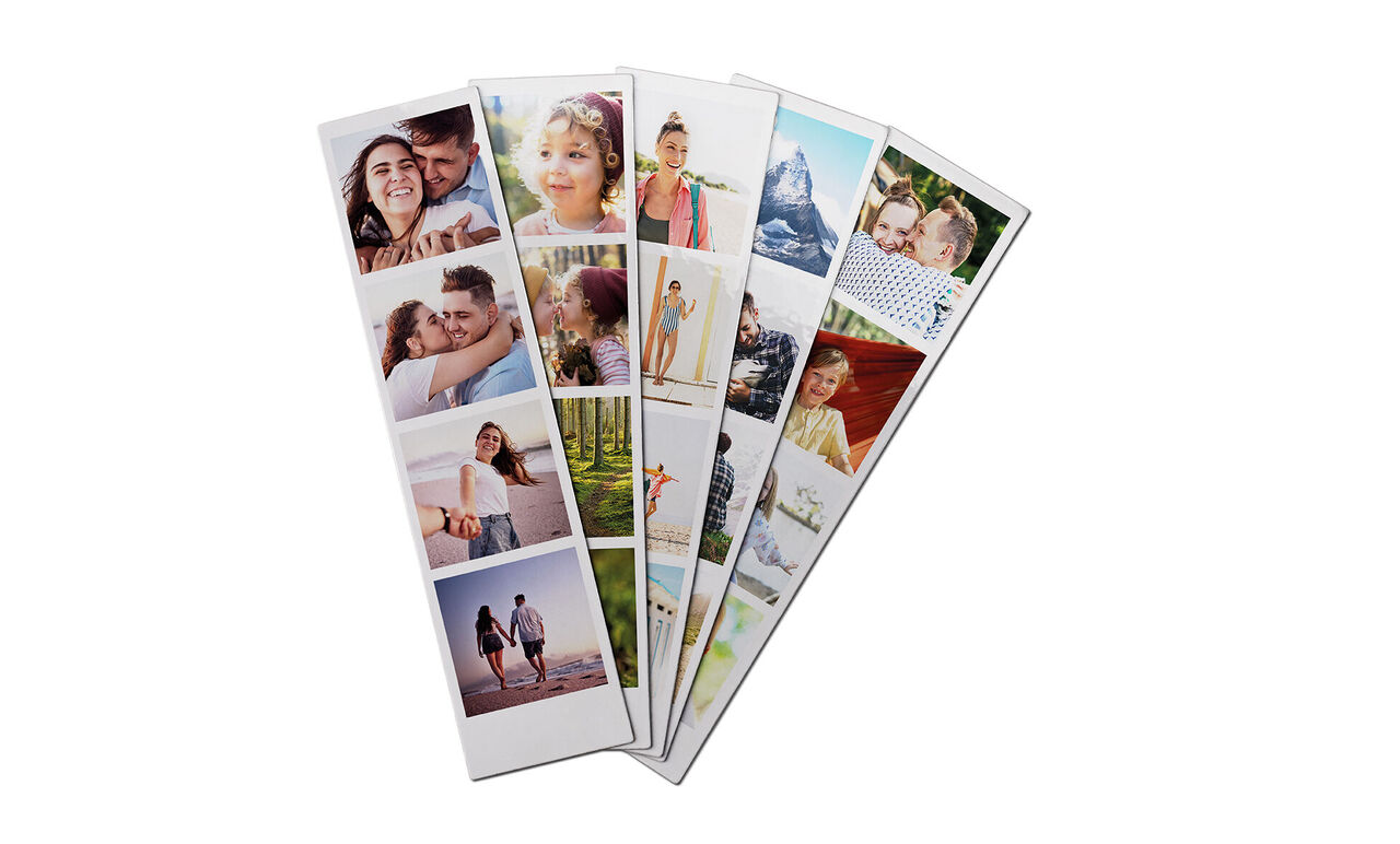Fünf vertikale Fotostreifen mit glücklichen Momenten im Freien, die Freude und Verbundenheit zeigen, inklusive liebevoller Erinnerungen mit Freunden und Familie aus verschiedenen Anlässen.