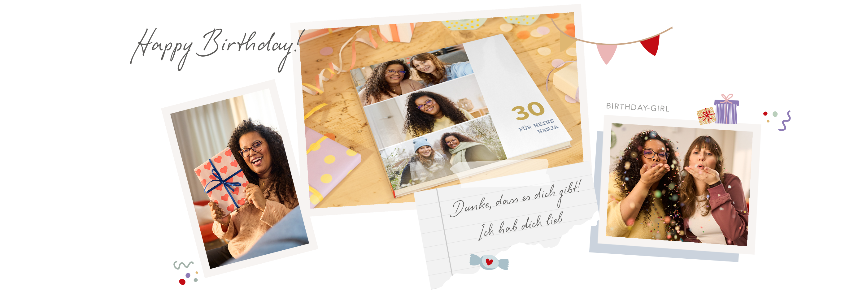 Geburtstagscollage mit Fotos von Feiermomenten, Geschenk, Fotoalbum und bunten Deko‑Elementen wie Wimpeln und Konfetti.