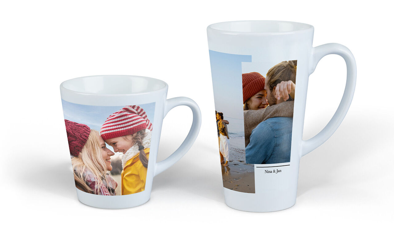 Zwei Tassen mit personalisierten Fotos, eine kleine und eine große Tasse, die Freude und gemeinsame Erinnerungen darstellen