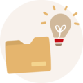 Beige Ordner neben einer Glühbirne mit Herz-Symbol