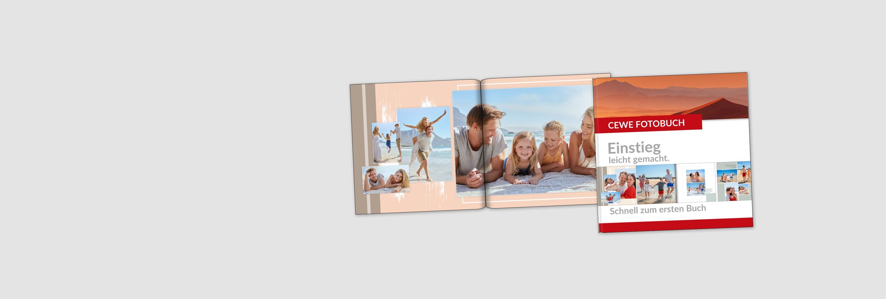 Ein CEWE FOTOBUCH Cover mit dem Titel „Einstieg leicht gemacht – Schnell zum ersten CEWE FOTOBUCH“ und Doppelseite mit Urlaubsbildern