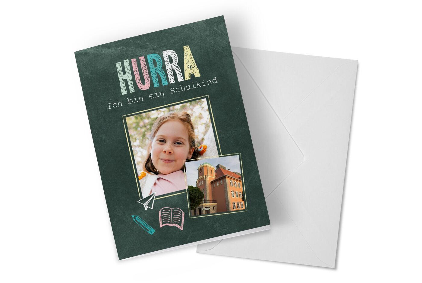 Ein CEWE Grußkarten-Design zur Einschulung mit fröhlichen Bildern.