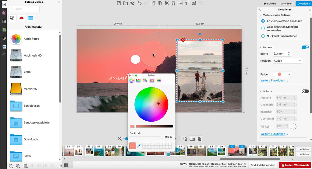 Screenshot: CEWE FOTOBUCH Gestaltung, Funktion zur Farbauswahl geöffnet, Sonnenuntergang, rechts Strandfoto mit Paar im Wasser