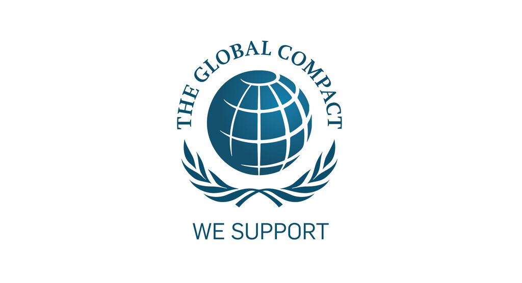 Logo des Global Compact mit einer Weltkugel und einem Lorbeerkranz, symbolisiert Unterstützung und Zusammenarbeit.
