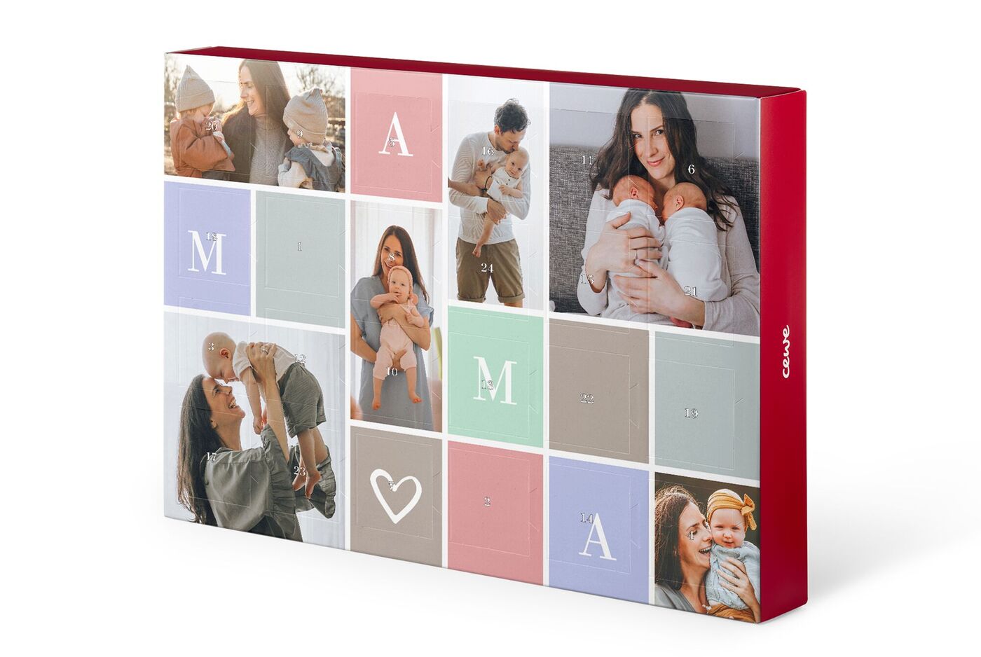 Personalisierter Adventskalender von CEWE mit liebevollen Familienbildern und dem Schriftzug 'Mama' in pastellfarbenem Design