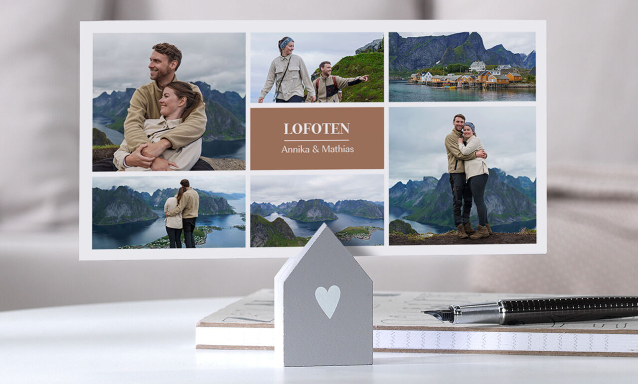 Fotocollage mit einem Paar vor der Berg- und Fjordlandschaft der Lofoten mit dem Text: „LOFOTEN – Annika & Mathias“