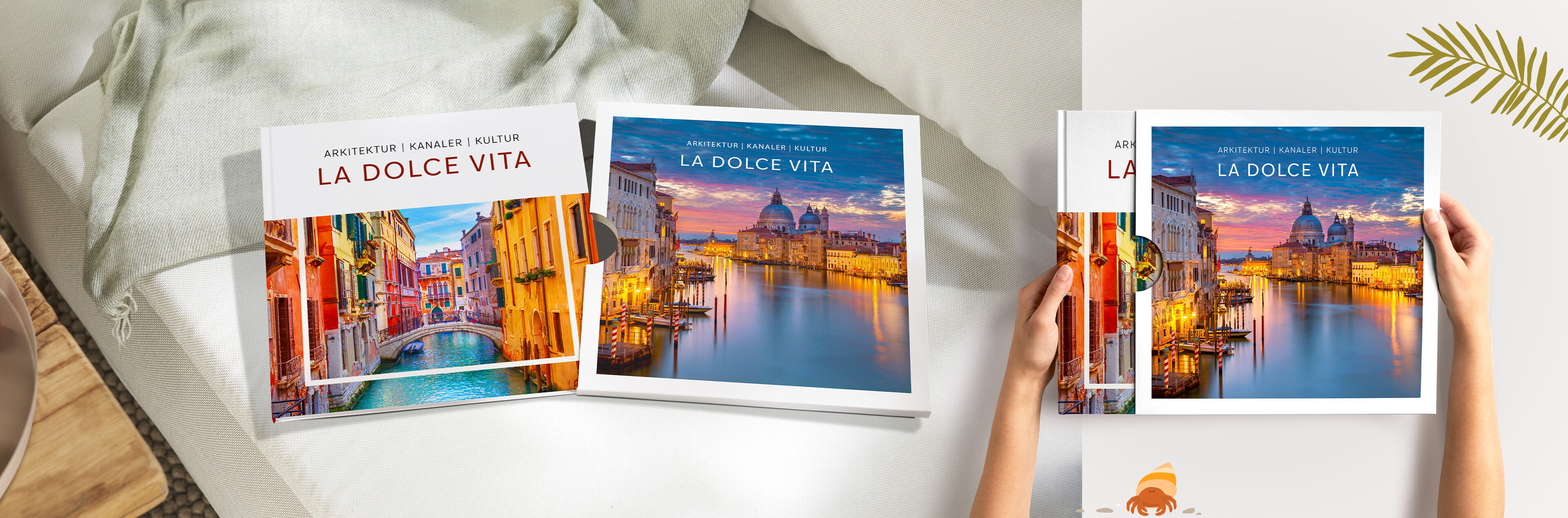 Mehrere Fotobücher mit dem Titel „La Dolce Vita“ und farbenfrohen Venedig‑Motiven mit einem Schuber.