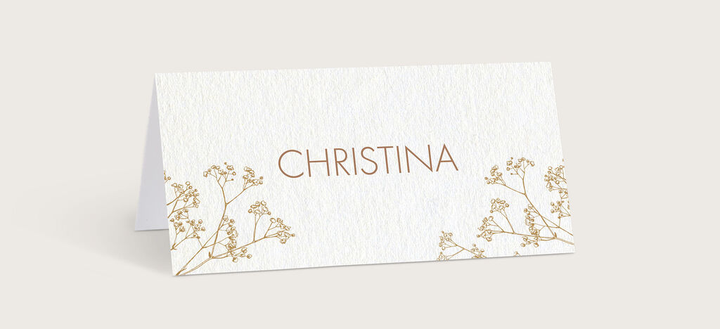 Elegante Tischkarte mit dem Namen CHRISTINA und floralen Goldakzenten. Perfekt für festliche Anlässe