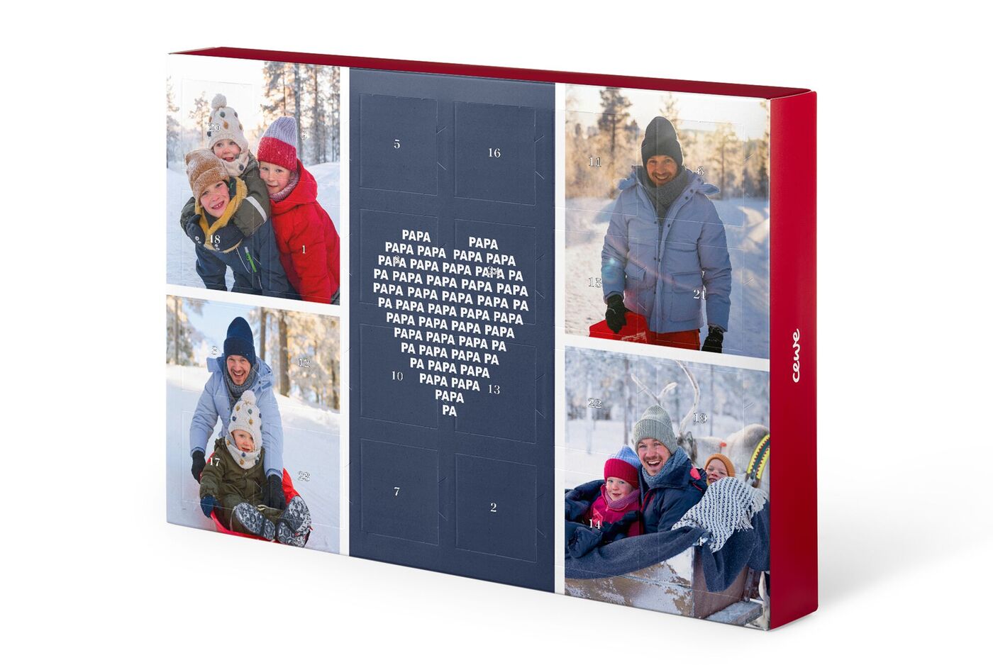 Personalisierter Adventskalender von CEWE mit winterlichen Familienbildern und einem Herzmotiv aus dem Wort 'Papa' auf blauem Hintergrund