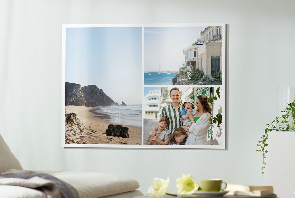Wundervolles Wandbild mit Urlaubsbildern: Strand, Familie und eine Küstenansicht