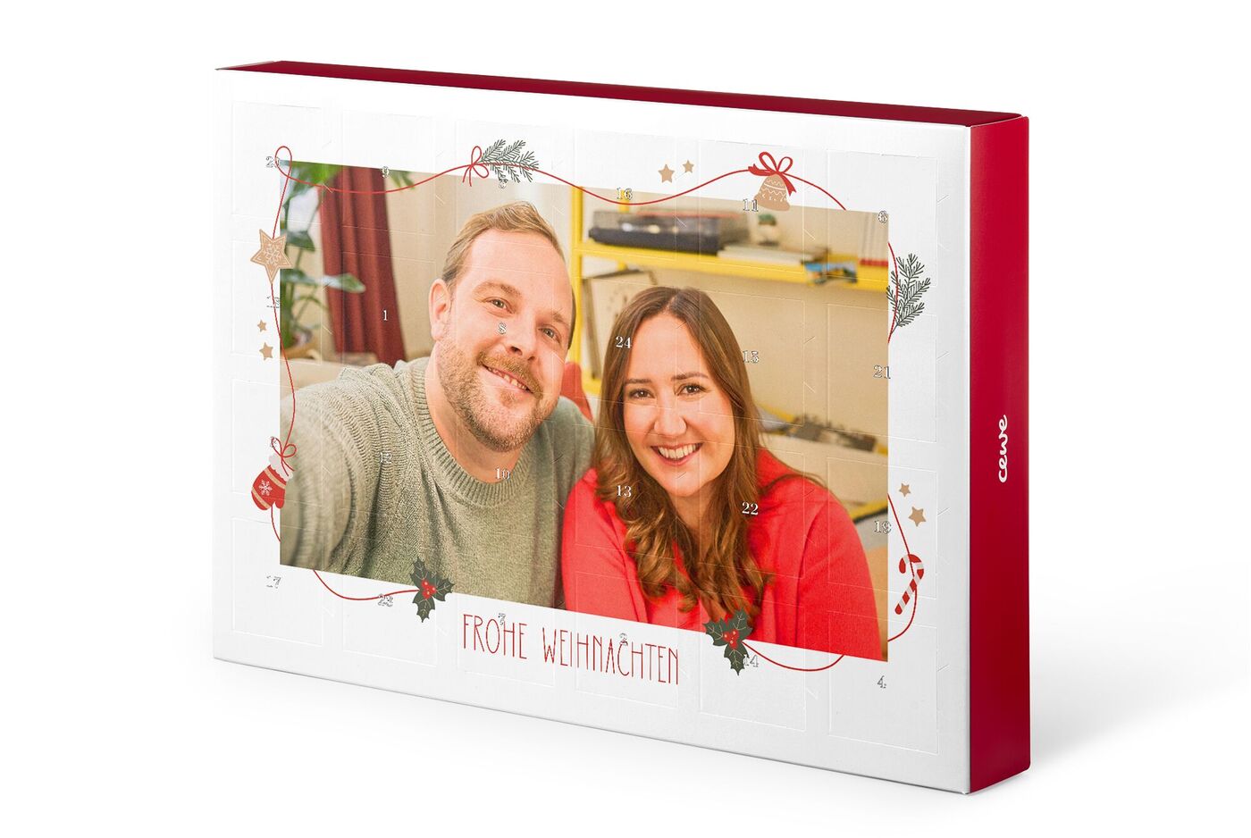 Personalisierter Adventskalender von CEWE mit zwei Fotos, weihnachtlicher Verzierung und dem Schriftzug 'Frohe Weihnachten