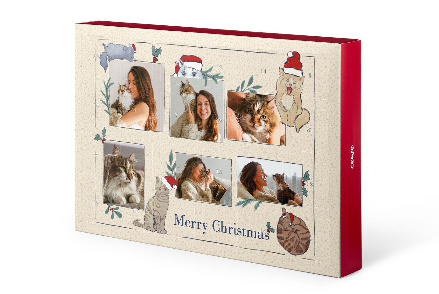 Eine kreative Weihnachtskarte mit Bildern von einer Katze und Menschen. Die Karte ist weihnachtlich dekoriert.