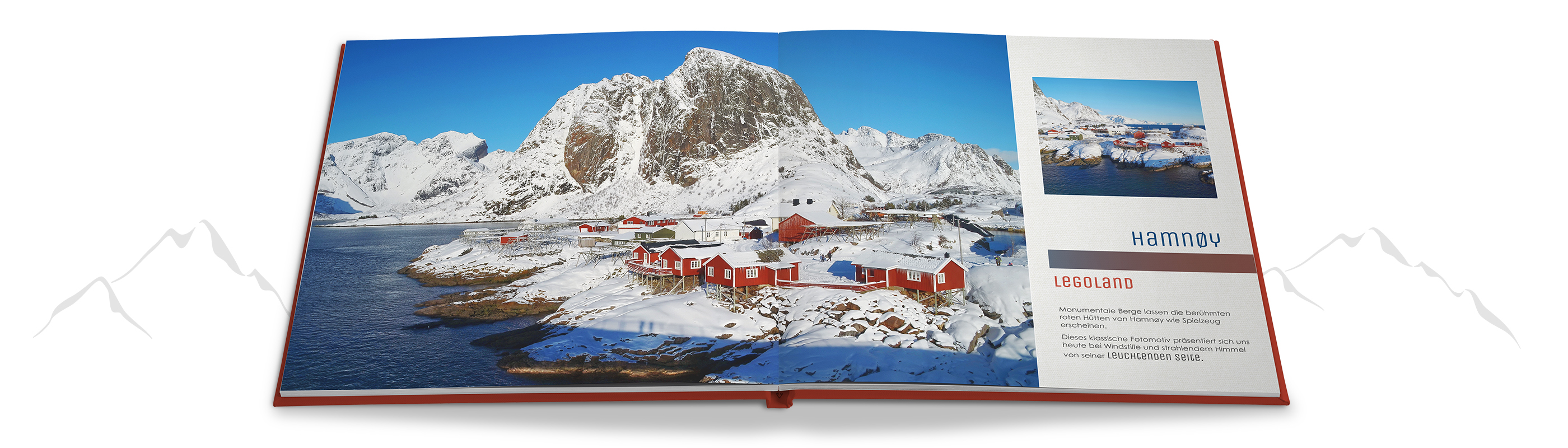 Öffnenes Fotobuch mit atemberaubenden Bildern der Lofoten, die ihre Schönheit zeigen.