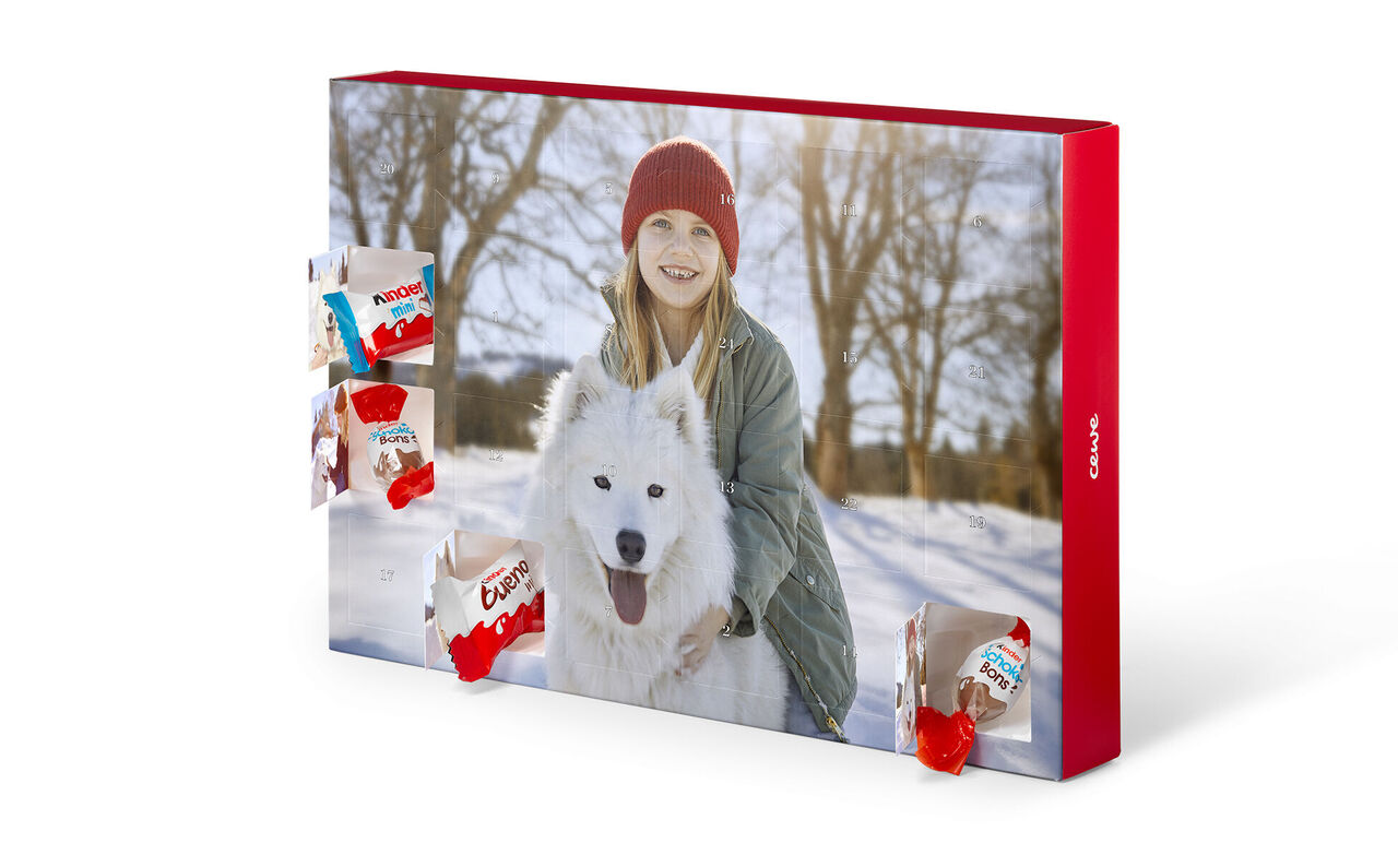 Eine Person reitet auf einem weißen Hund im Schnee, umgeben von roten Verpackungen der Marke CEWE