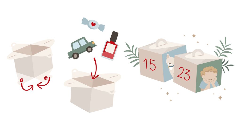 Illustration von Geschenkboxen zum Befüllen. Zwei Boxen mit Zahlen 15 und 23