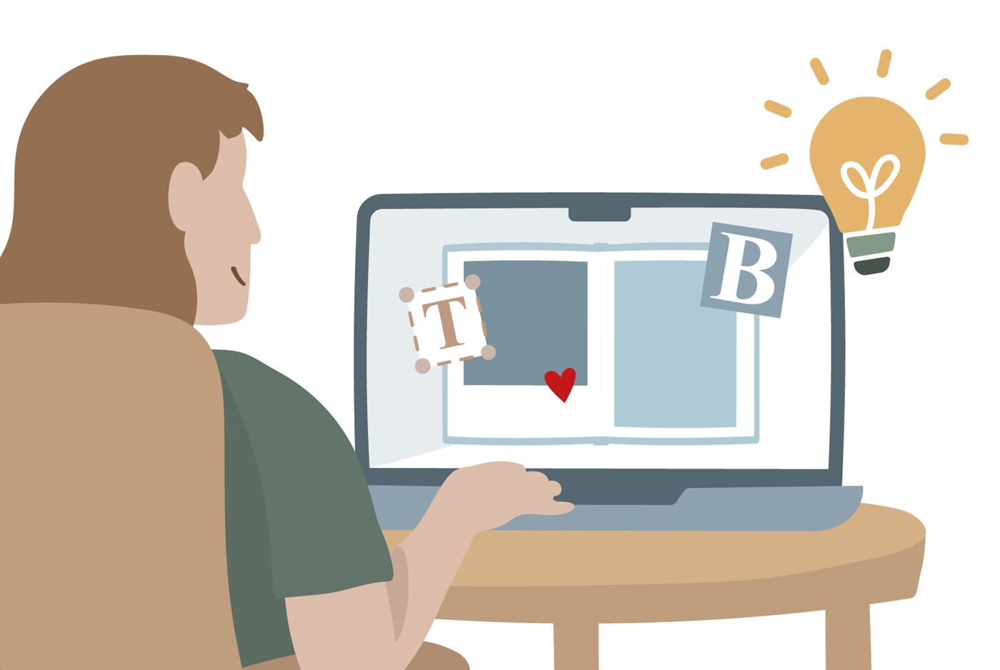 Illustration zeigt eine Person am Laptop beim Gestalten eines Fotobuchs mit Seiten, Herzsymbol und Idee