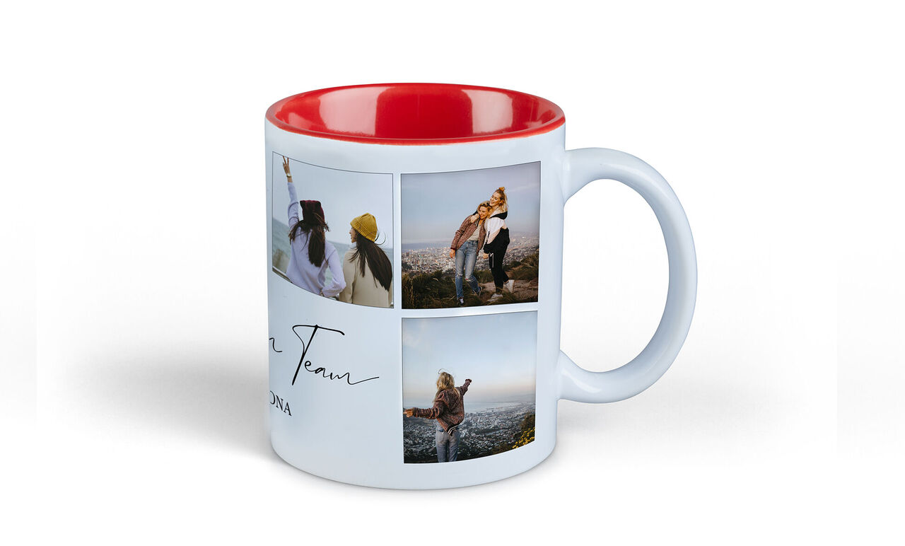 Tasse mit Bildern von Freunden und Stadtansicht