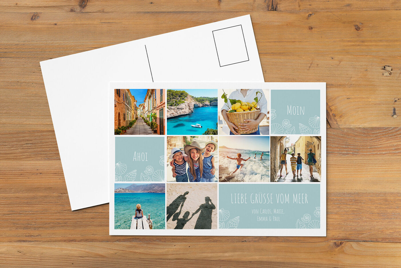 Postkarte mit verschiedenen Reiseerinnerungen, darunter Strände, Zitrusfrüchte und Menschen am Meer