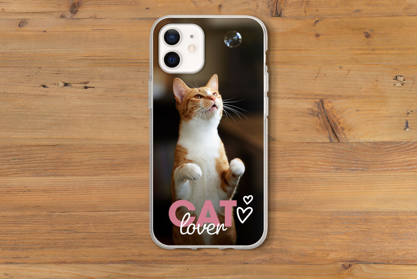 Ein orangefarbener Kater spielt begeistert mit einer Seifenblase und zeigt seine Pfoten. Der Text "CAT lover" ist auf dem Bild zu sehen.