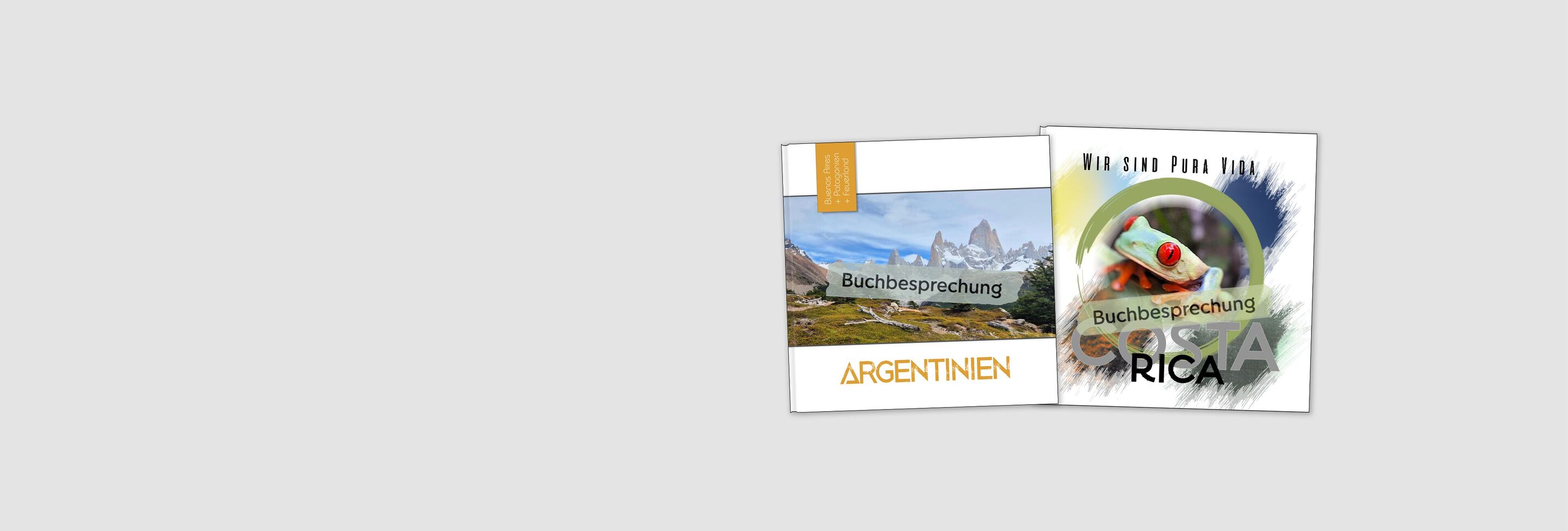 Zwei Cover von CEWE Fotobücher mit Buchbesprechungen über Argentinien und Costa Rica.