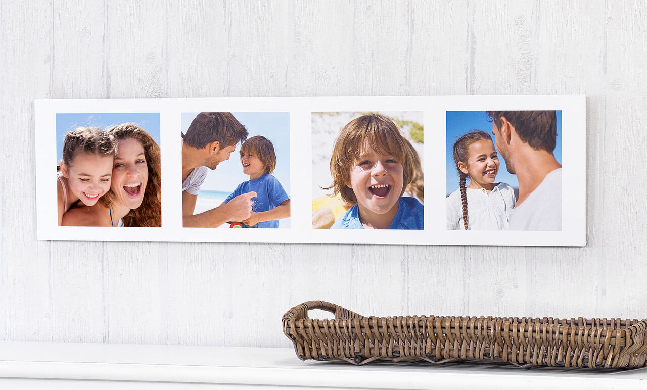 Vier Fotos auf einem weißen Rahmen, die glückliche Momente von Familienmitgliedern zeigen. Sonnenstrahlen sorgen für eine fröhliche Stimmung.