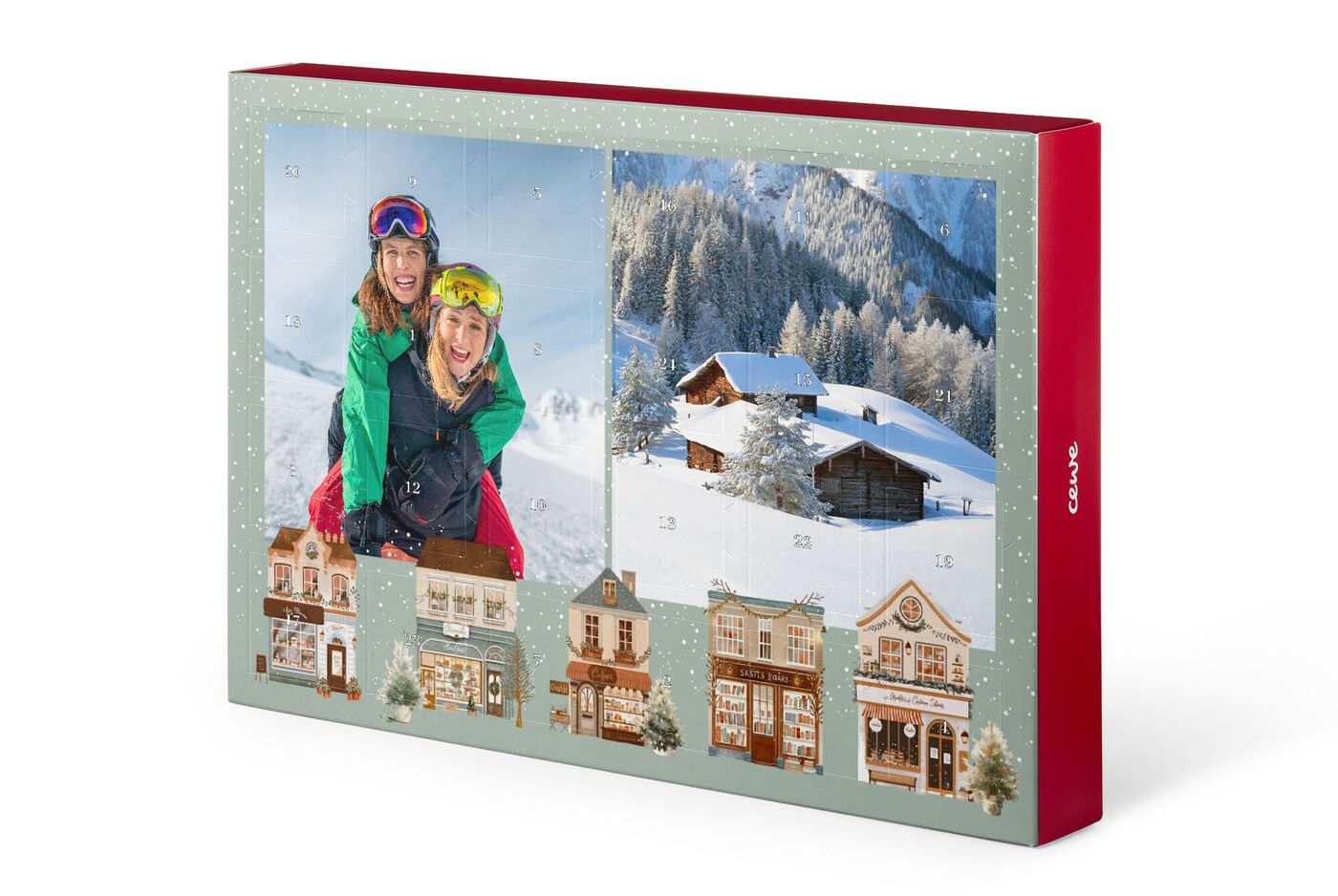 Zwei Kinder mit skibrillen im Schnee vor winterlicher Landschaft und bunten Gebäuden