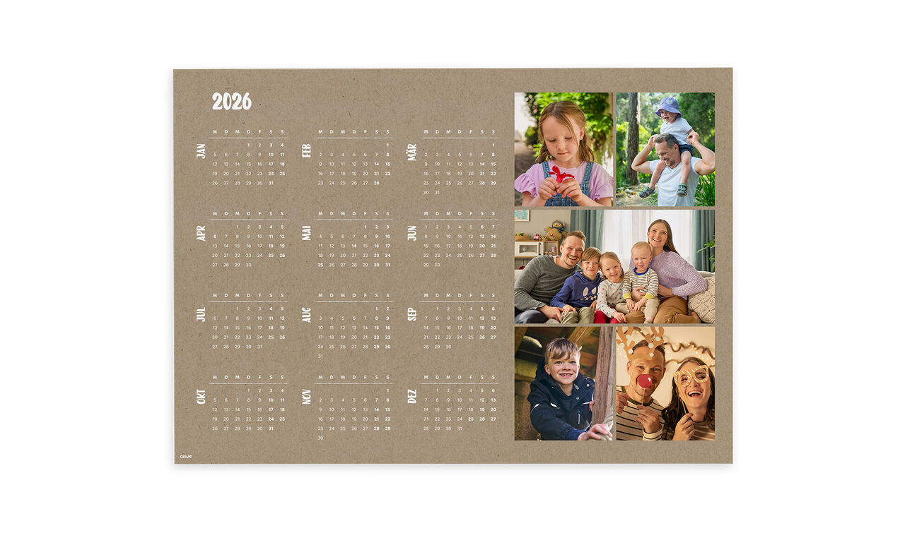 Ein niedlicher Fotokalender für das Jahr 2026 mit Familienfotos und Monatsübersicht