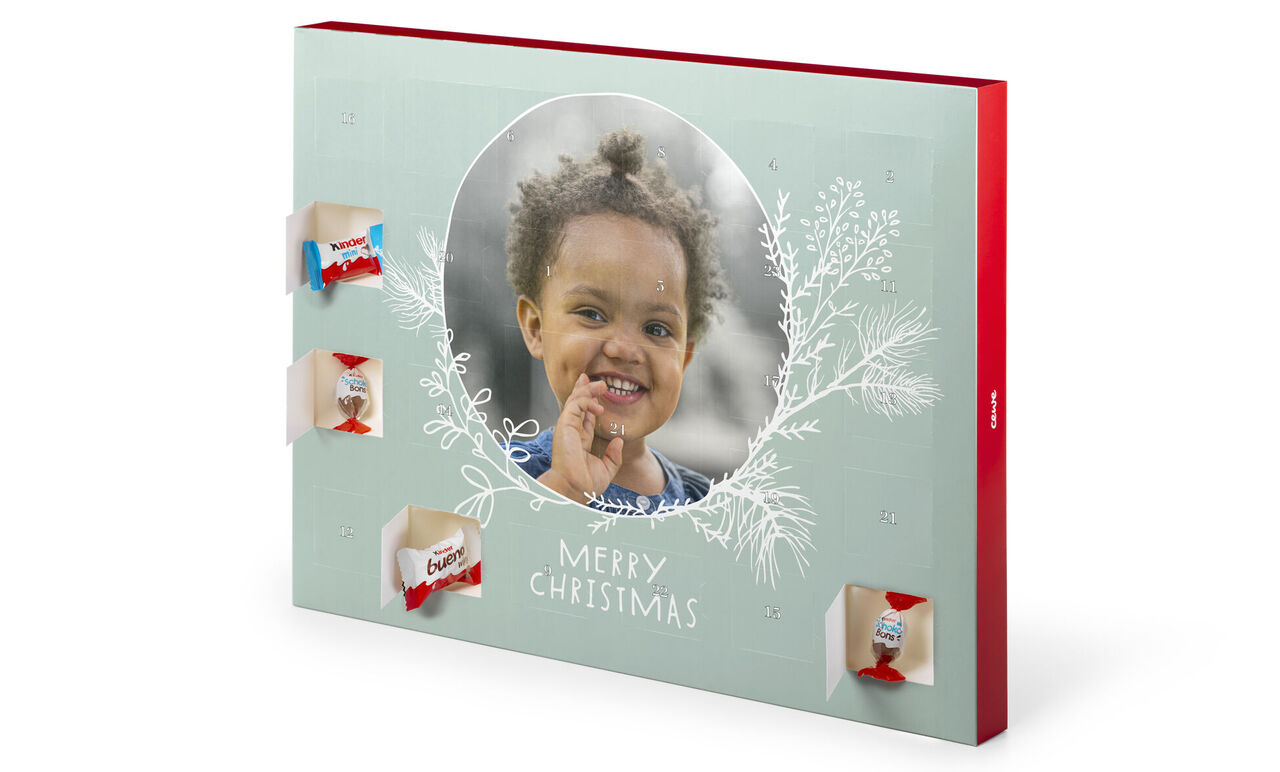 Adventskalender mit Merry Christmas Schriftzug und Danke Aufkleber