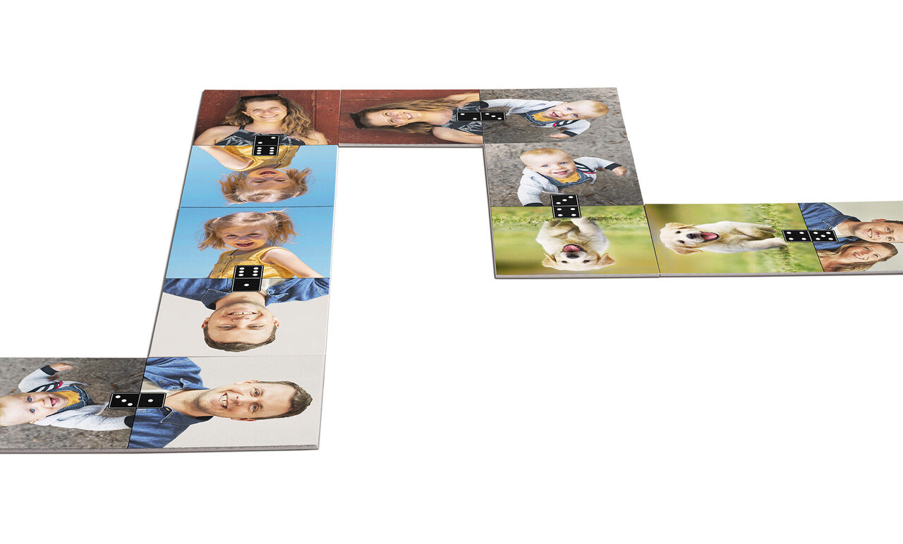 Bunte Fotokarten in einem kreativen Layout, mit Familien- und Haustierbildern, die Glücksmomente zeigen