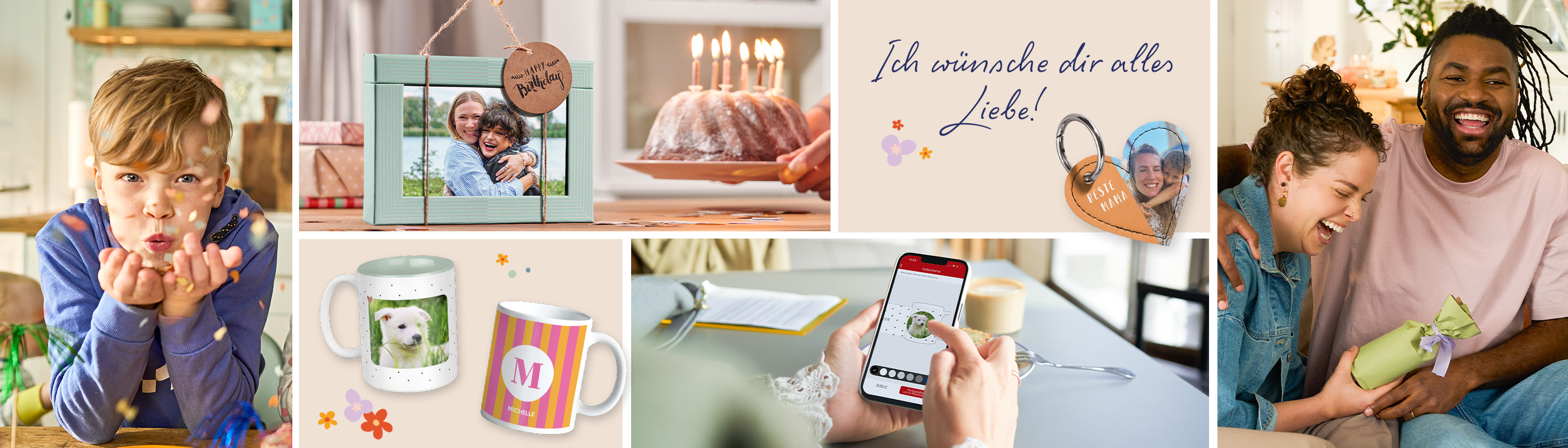 Collage mit Geschenkideen, wie Fotos, Tassen, Schlüsselanhängern und emotionalen Momenten.