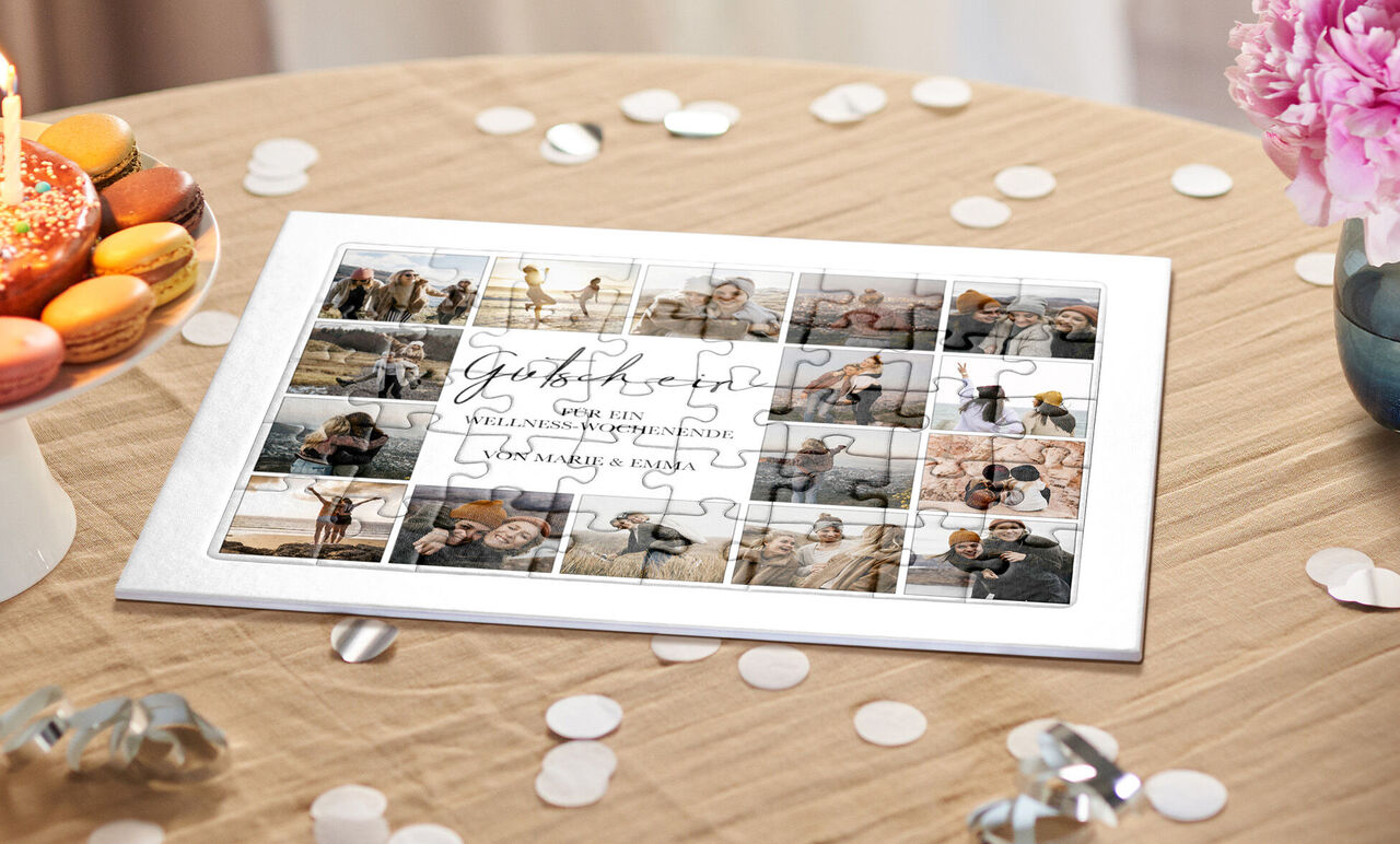 Ein kreatives Puzzle mit verschiedenen Fotos von lieben Momenten, ideal als persönliches Geschenk.
