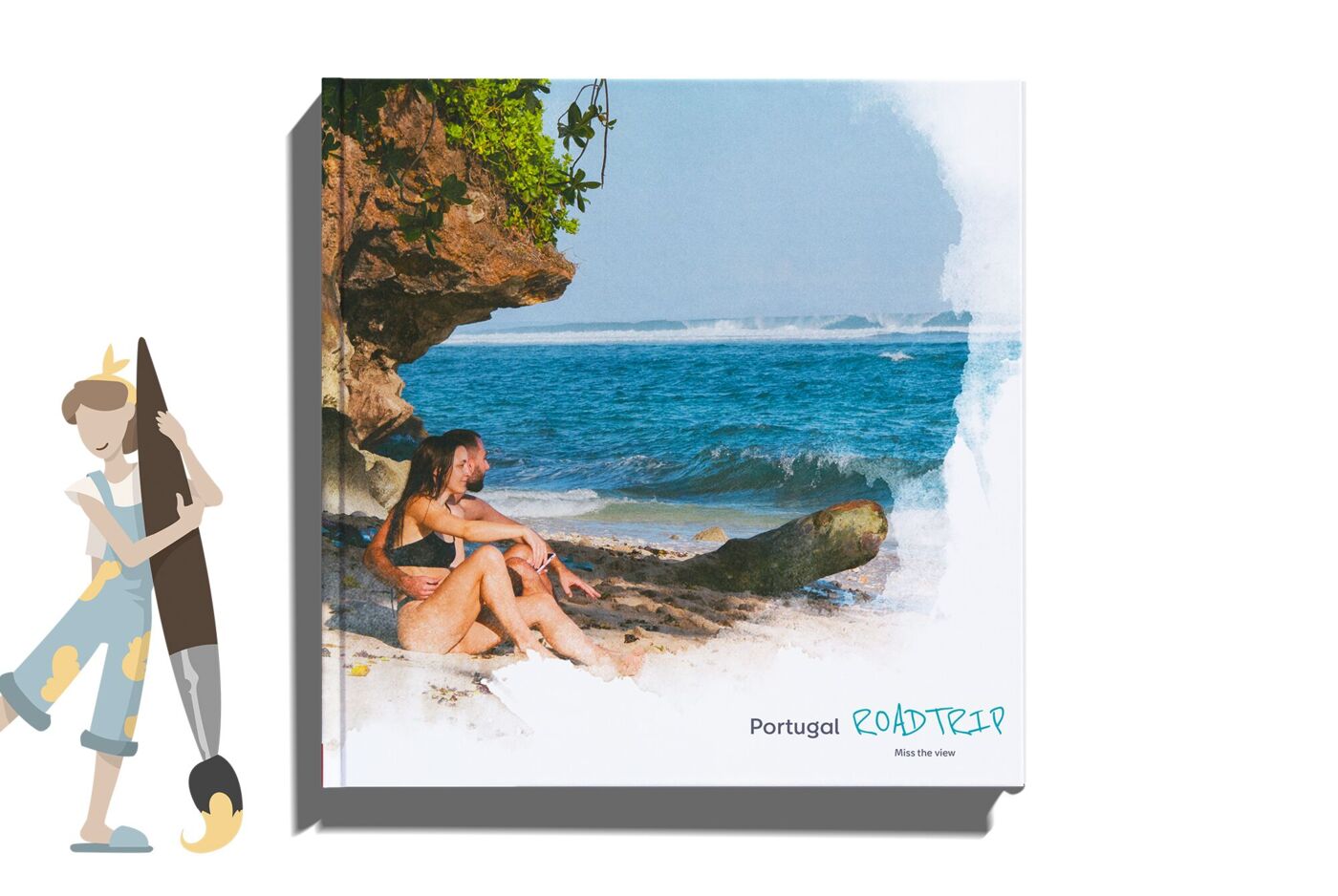 Ein Fotobuch mit einem Strandmotiv auf dem Cover zeigt eine Person, die am Meer unter einer Felsformation sitzt.