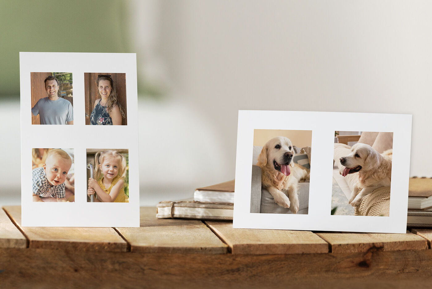 Zwei fröhliche Fotosets mit einzeln abgebildeten Familienmitgliedern und einem Hund.