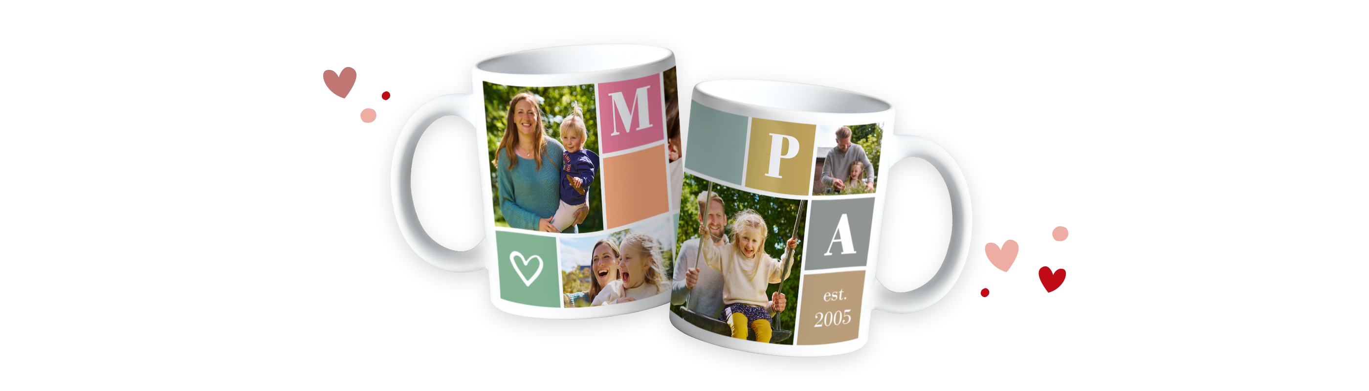 Personalisierte Tassen mit bunten Fotos von Familienmomenten.