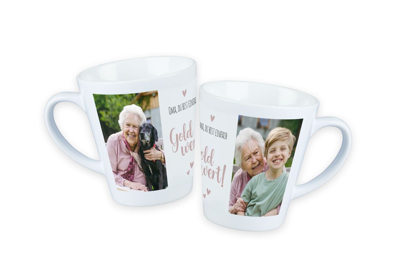 Weiße Fototassen mit Oma und Enkelkind-Motiven sowie dem Text Oma, du bist einfach Gold wert