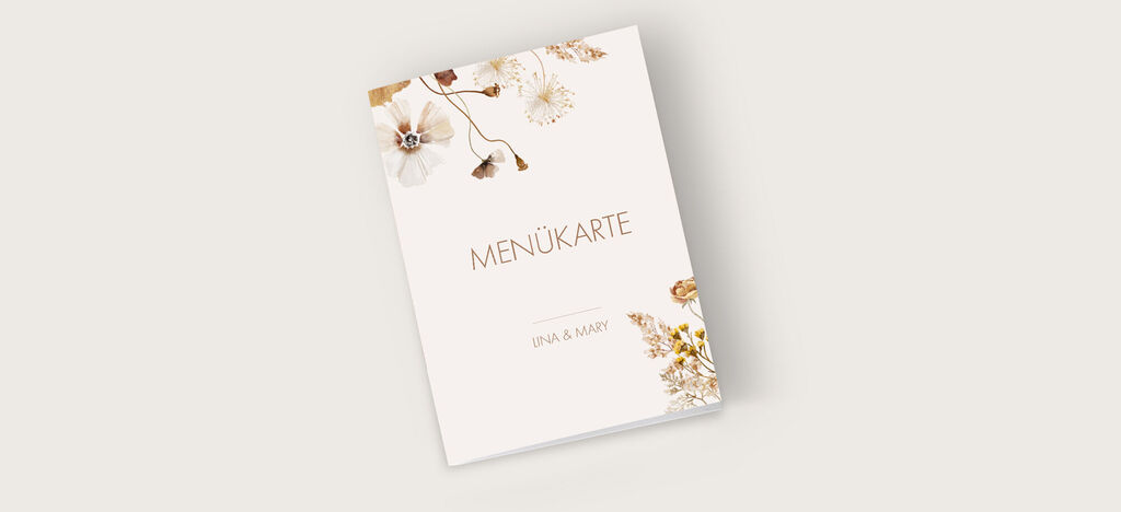 Elegante Menükarte mit floralem Design und goldener Schrift