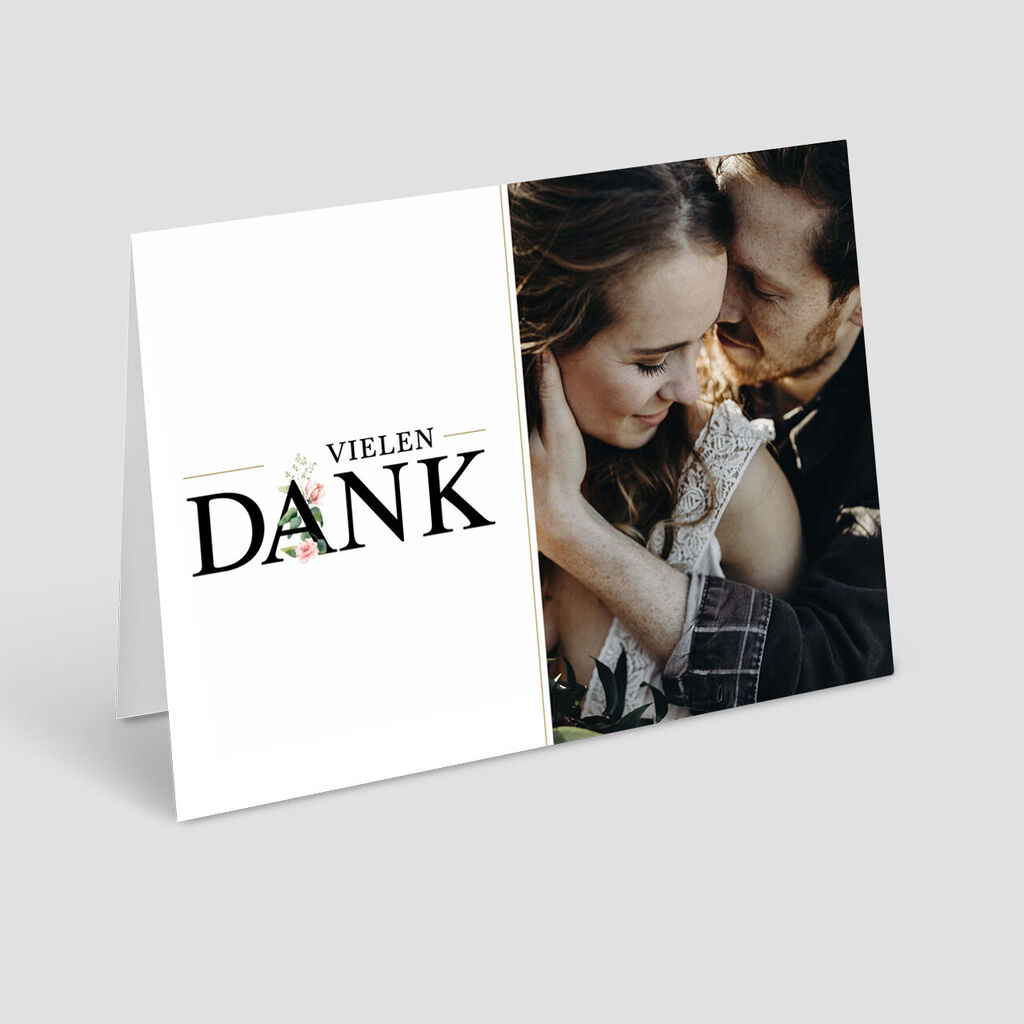 Eine dankbare Grußkarte mit dem Text 'VIELEN DANK' und einem schönen Bild auf der rechten Seite