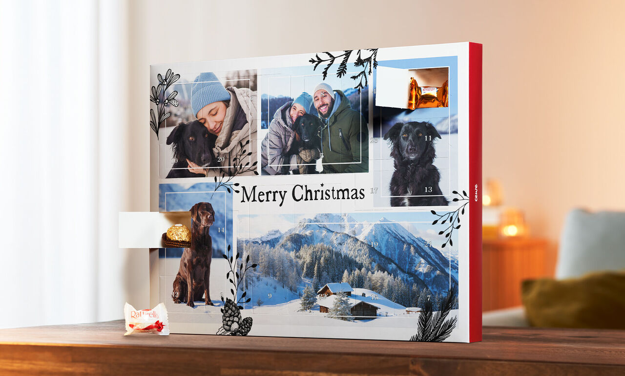 Ein schönes CEWE Fotobuch mit Weihnachtsbildern eines Hundes und winterlichen Landschaften.